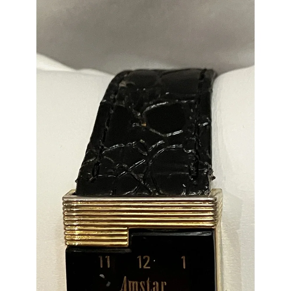 Amstar VTG Gold Tone Watch Face Black Leather Embossed Band Art Deco Retro Works